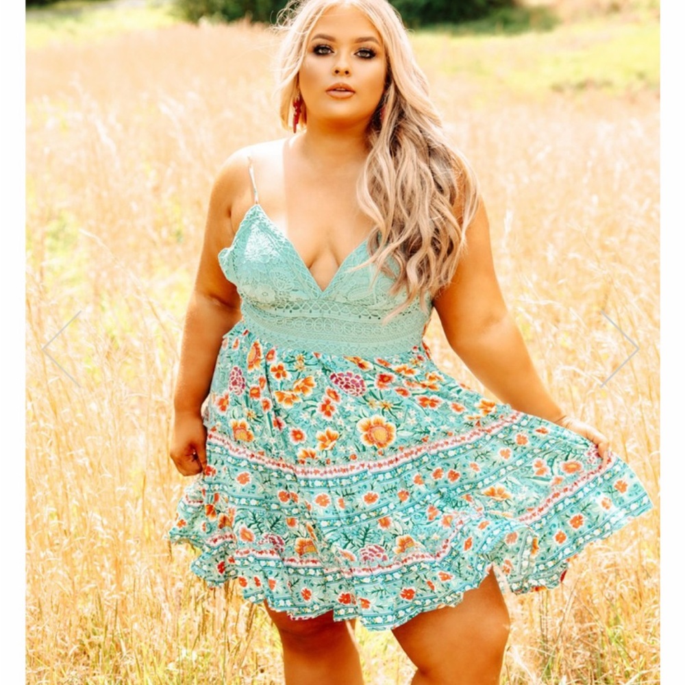 Floral Lace Trim Mini Dress in Aqua